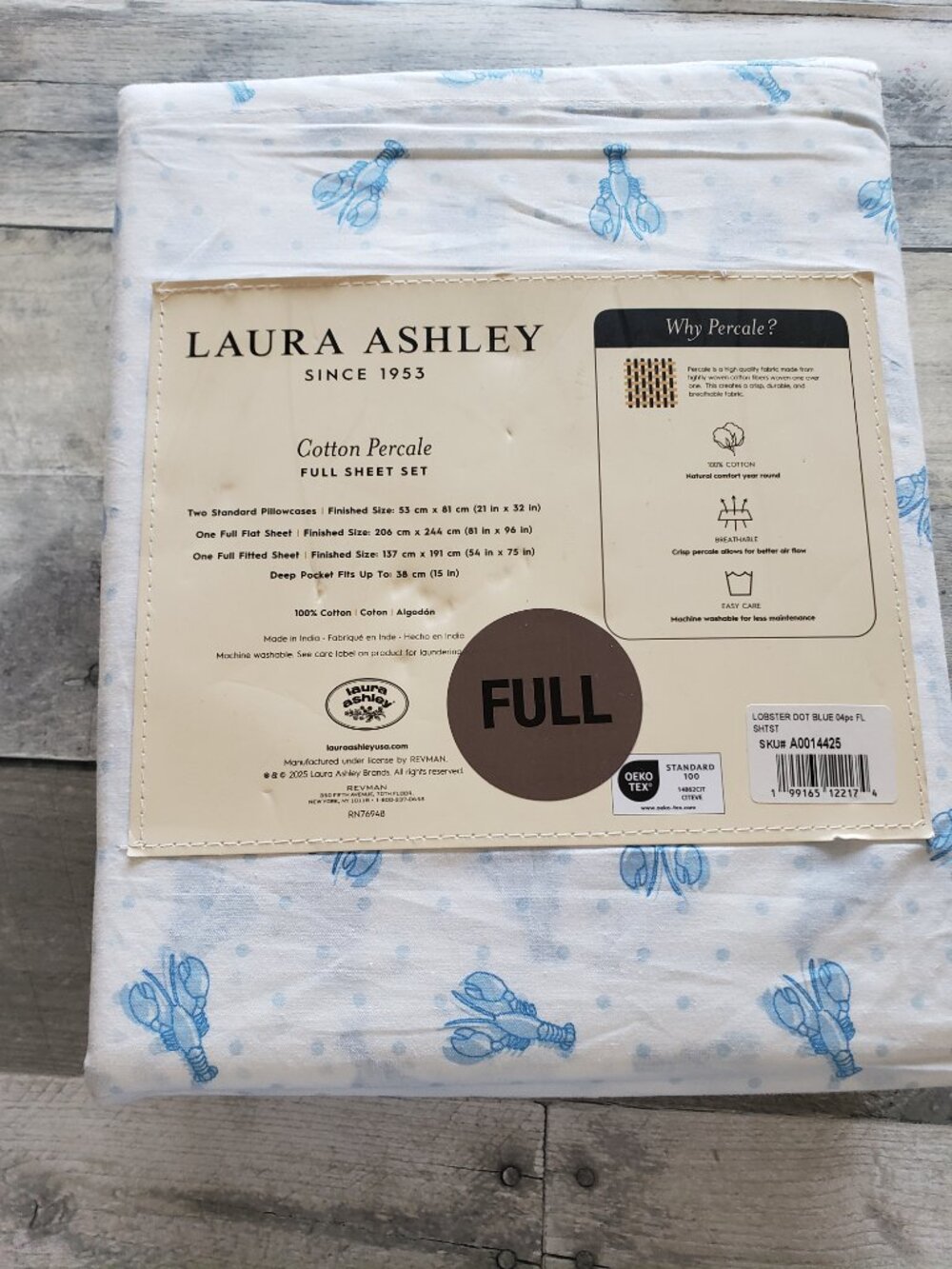 NWT - Laura Ashley Blue Lobster and Dot Cotton Percale Full Sheet Set - Picture 2 of 3